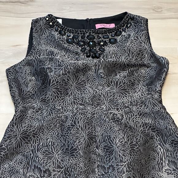 Eliza J Women 10 Dress Sheath Beaded Sleeveless Silver Floral Black Formal - Picture 3 of 10